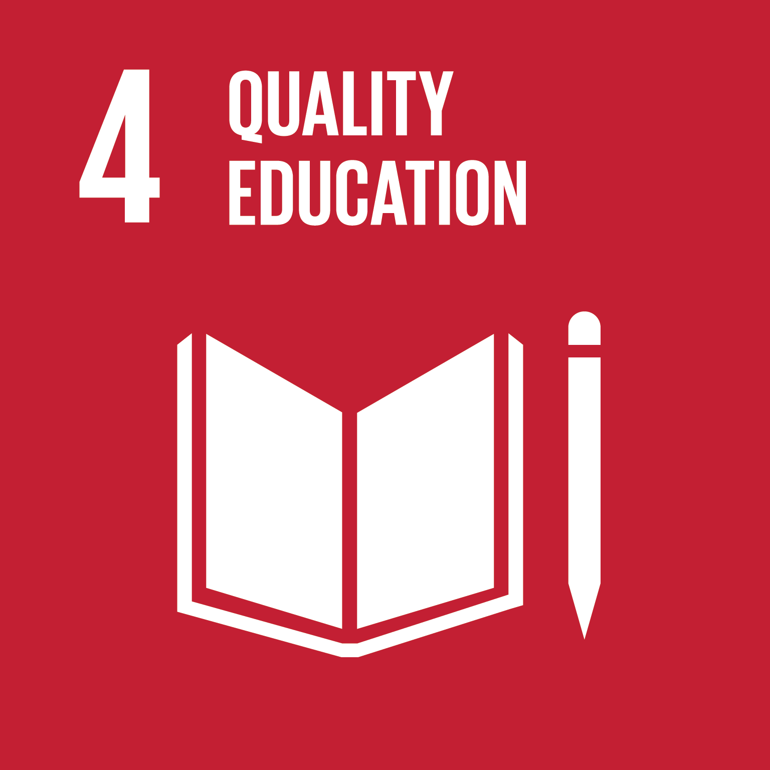 SDG Goal 4 Education Schriftzug: 4 Qualtiy Education. Darunter ist ein Icon eines Buches und daneben eines Stiftes zu sehen