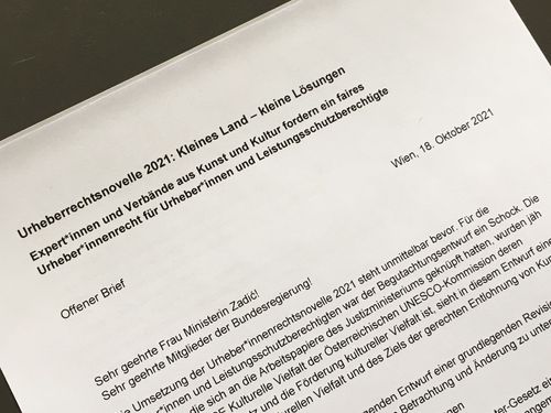Offener Brief Urheberrechtsnovelle 2021 - ARGE Kulturelle Vielfalt 